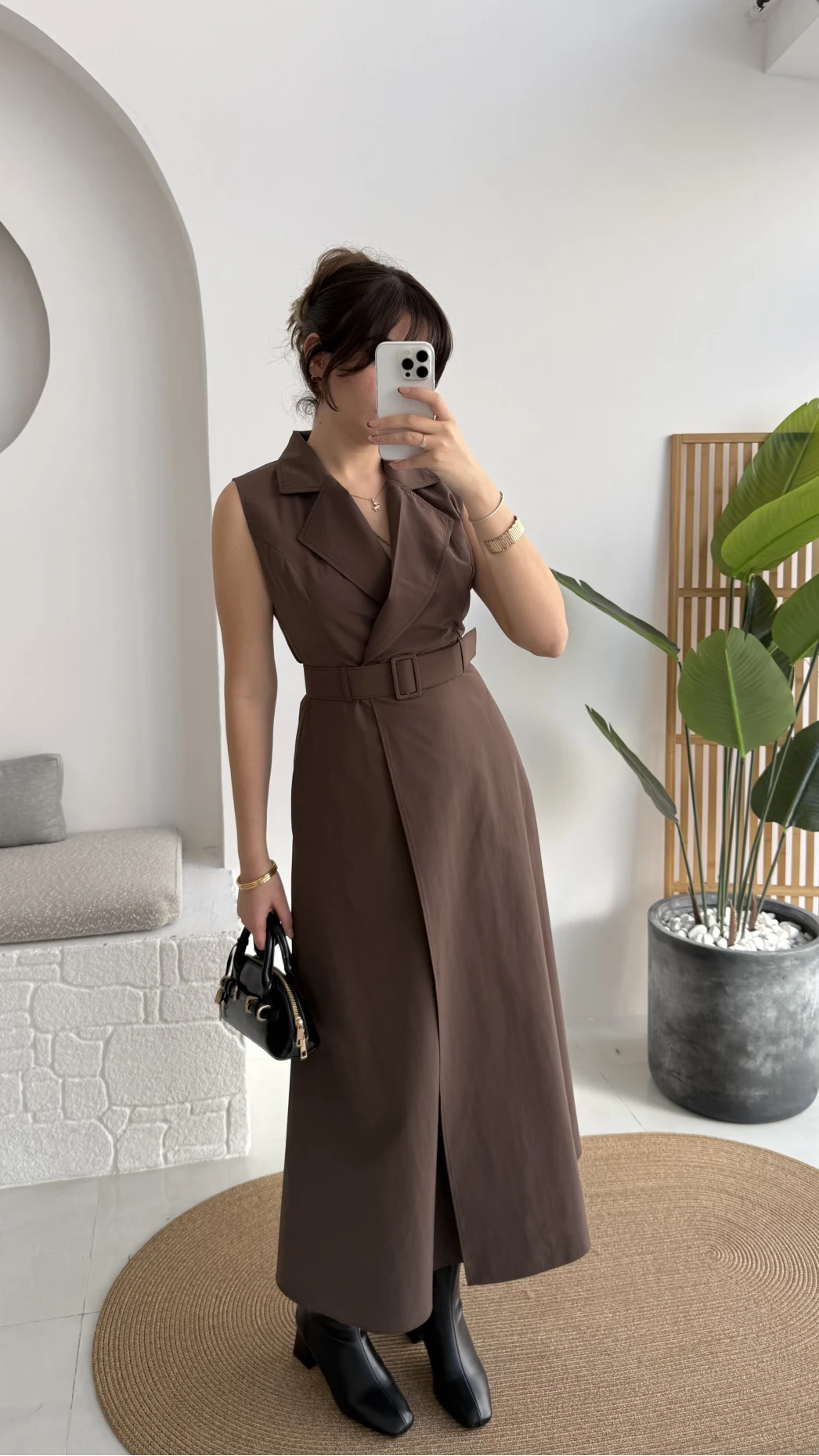 Bailey Kemer Detay Elbise - Acı Kahve - Kod: 2350