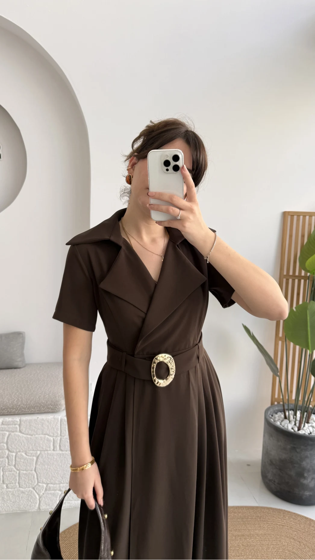 Tienne Kruvaze Yaka Toka Kemerli Elbise - Acı Kahve - Kod: 2332