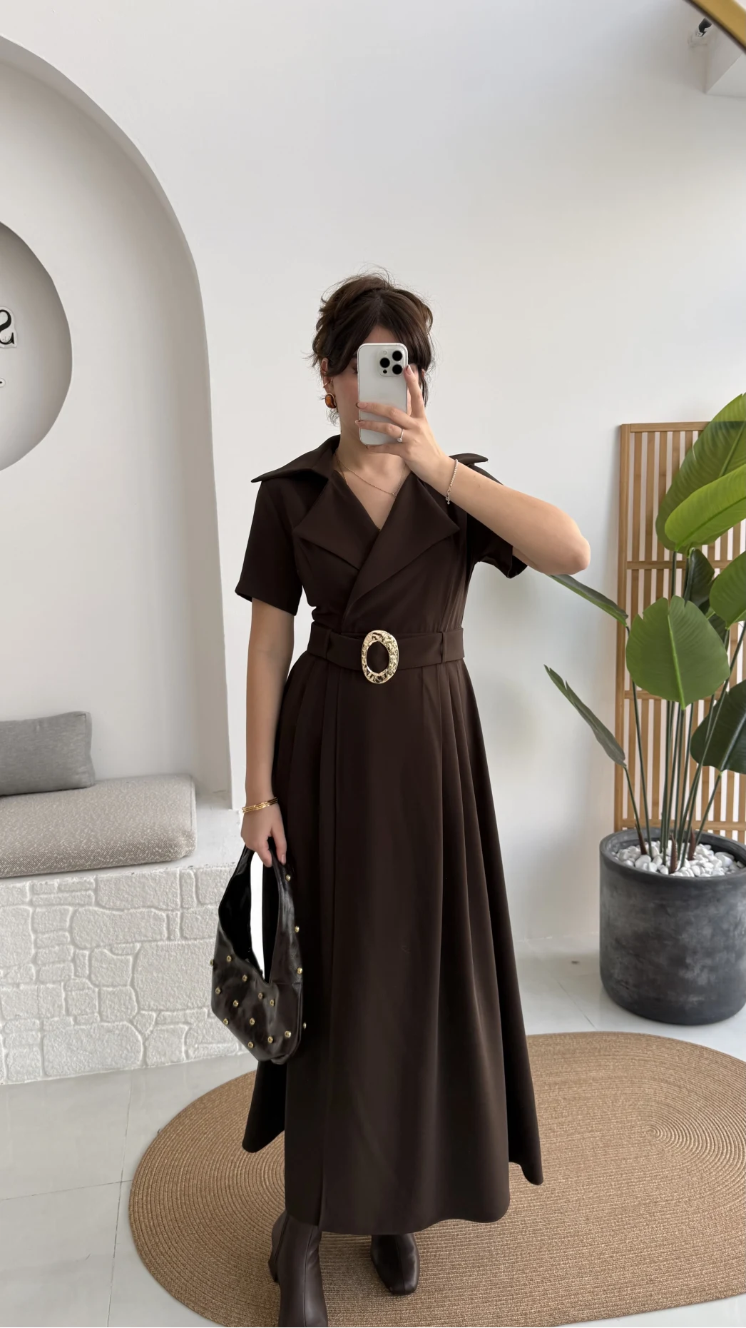 Tienne Kruvaze Yaka Toka Kemerli Elbise - Acı Kahve - Kod: 2332