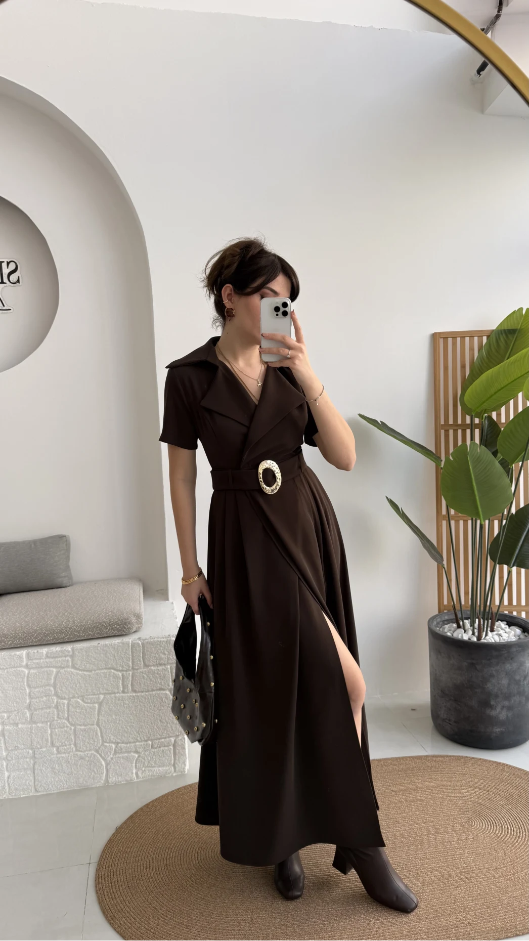 Tienne Kruvaze Yaka Toka Kemerli Elbise - Acı Kahve - Kod: 2332