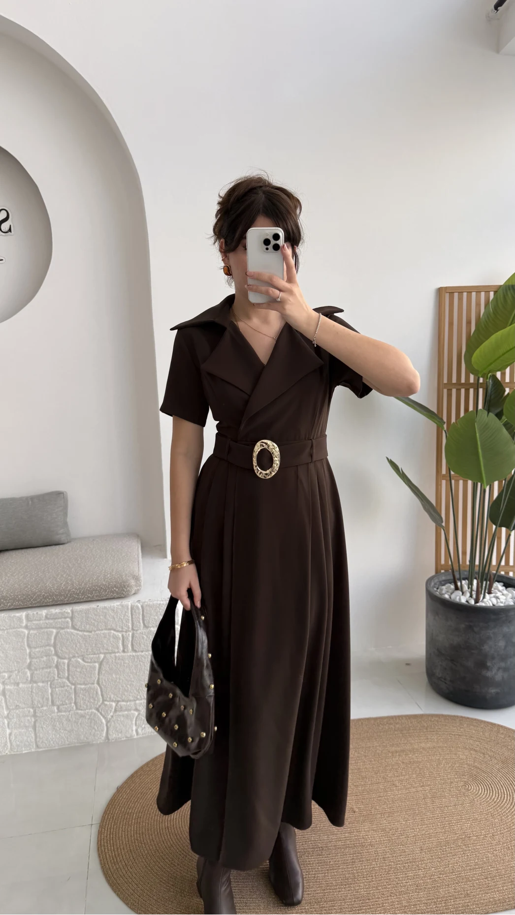 Tienne Kruvaze Yaka Toka Kemerli Elbise - Acı Kahve - Kod: 2332