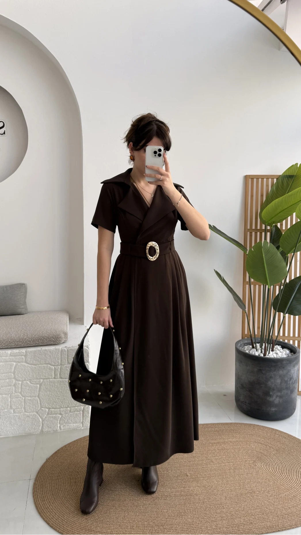 Tienne Kruvaze Yaka Toka Kemerli Elbise - Acı Kahve - Kod: 2332