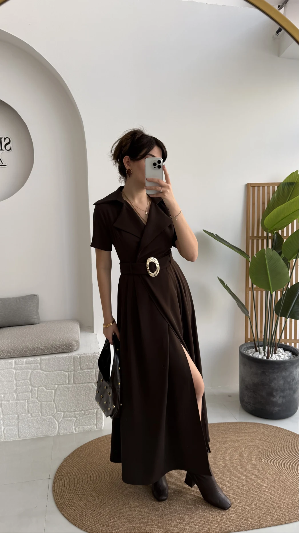 Tienne Kruvaze Yaka Toka Kemerli Elbise - Acı Kahve - Kod: 2332