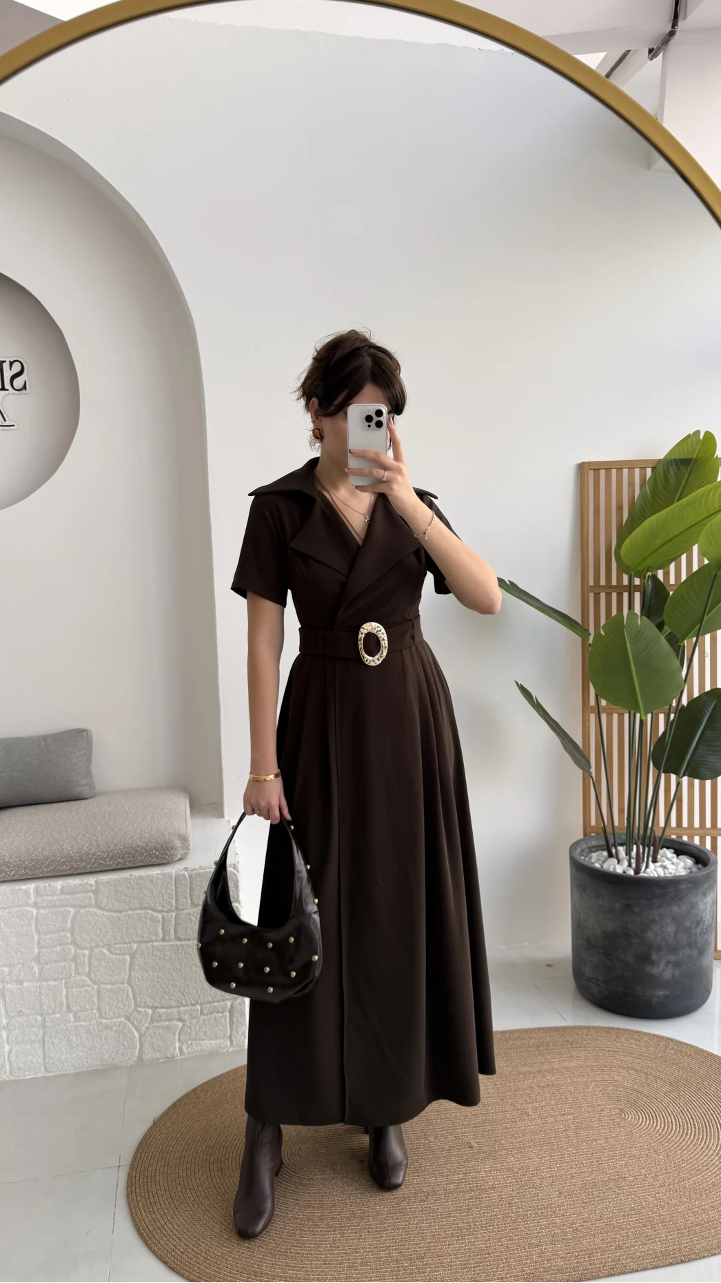 Tienne Kruvaze Yaka Toka Kemerli Elbise - Acı Kahve - Kod: 2332