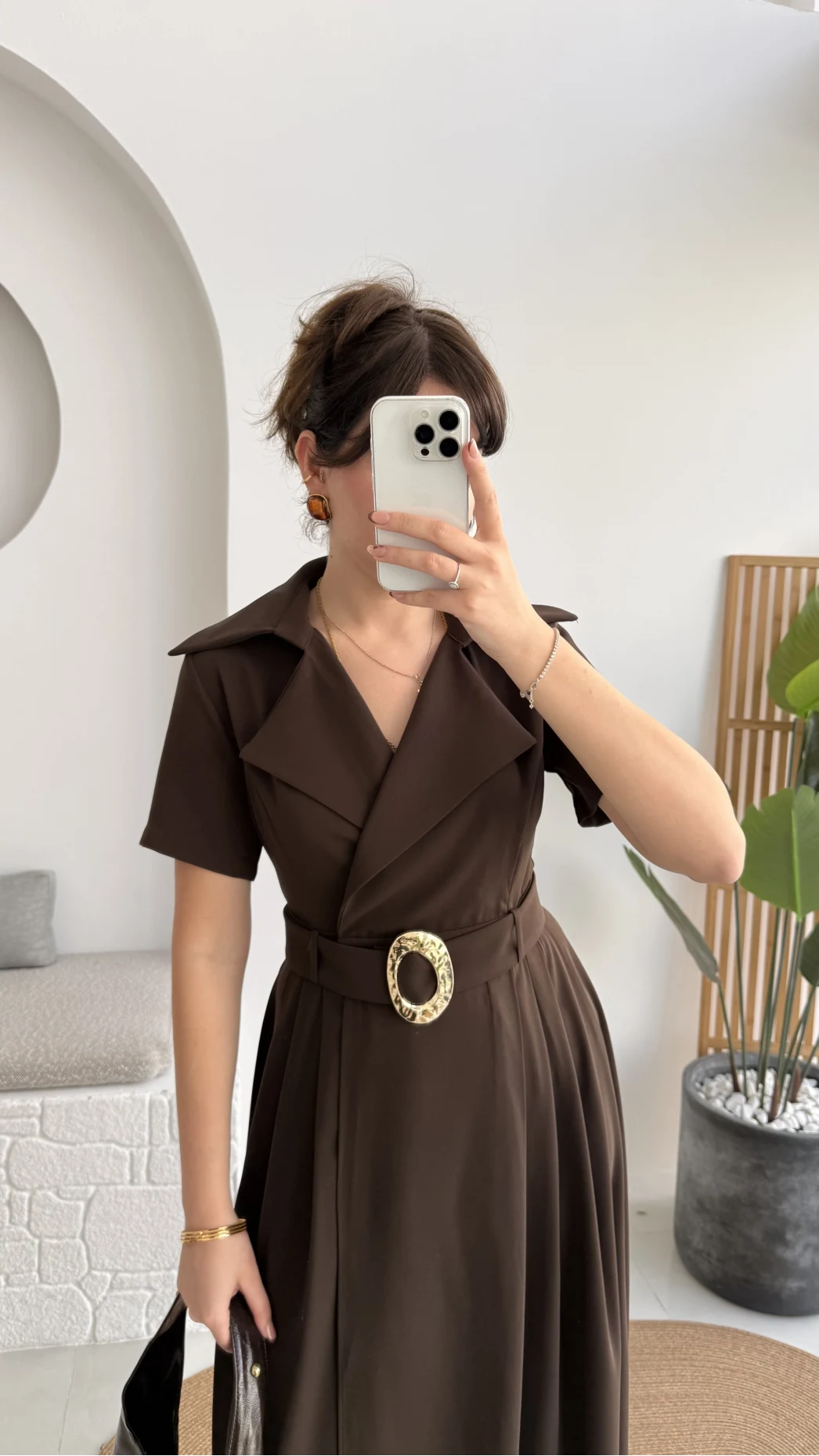 Tienne Kruvaze Yaka Toka Kemerli Elbise - Acı Kahve - Kod: 2332