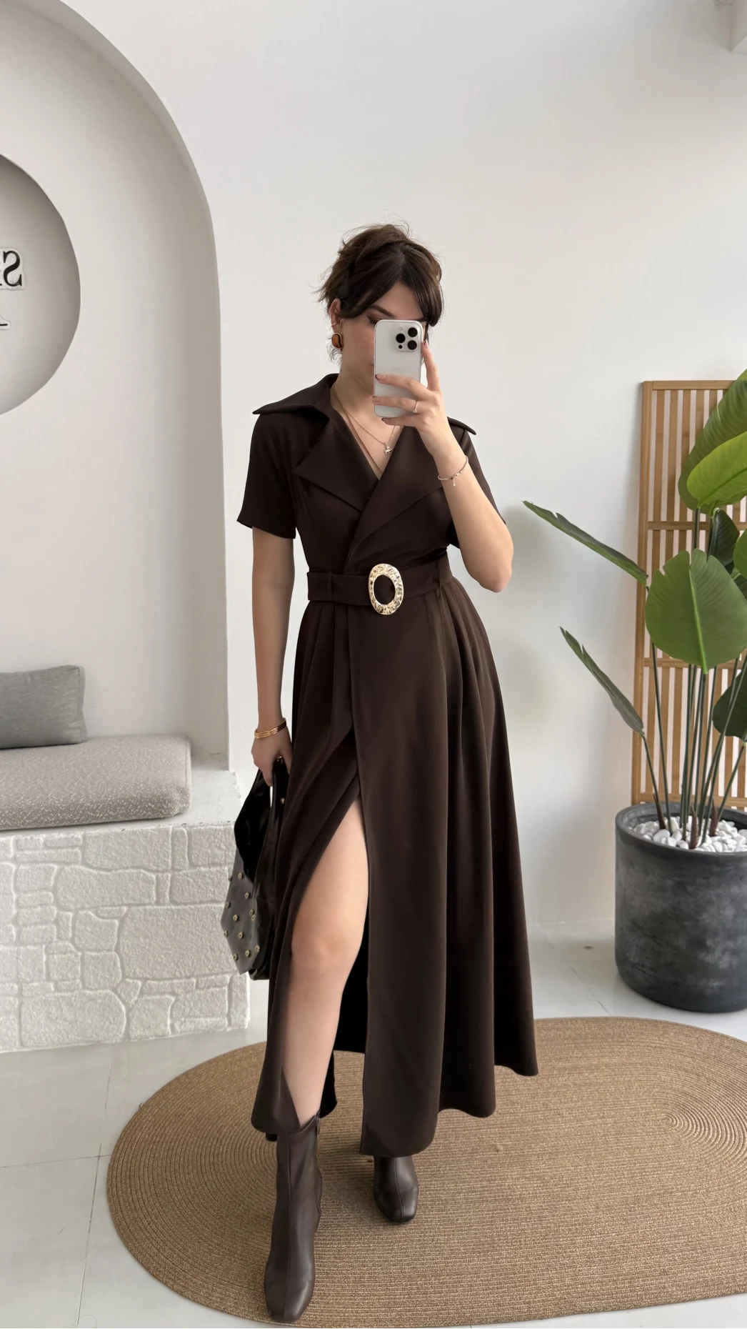 Tienne Kruvaze Yaka Toka Kemerli Elbise - Acı Kahve - Kod: 2332