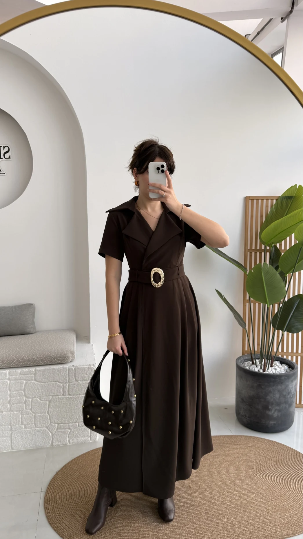 Tienne Kruvaze Yaka Toka Kemerli Elbise - Acı Kahve - Kod: 2332