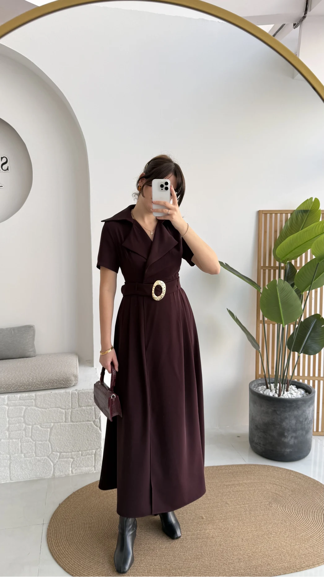 Tienne Kruvaze Yaka Toka Kemerli Elbise - Mürdüm - Kod: 2332