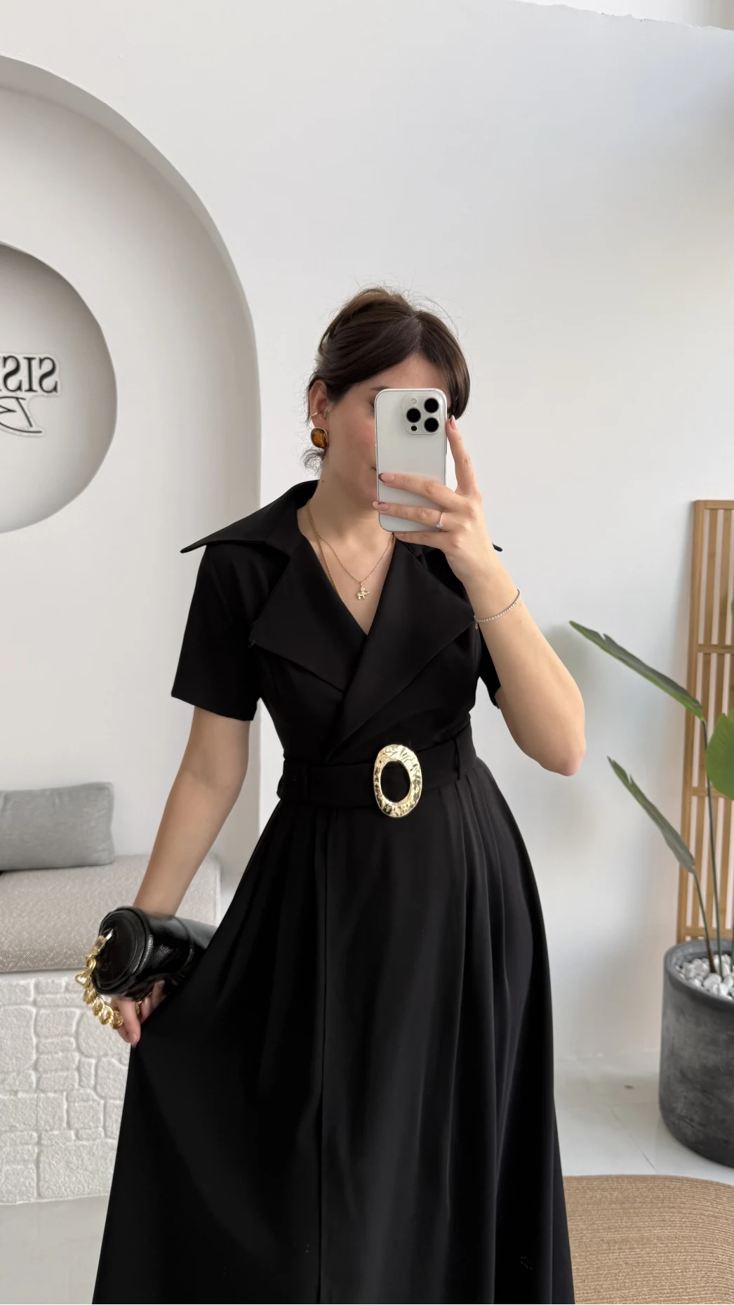 Tienne Kruvaze Yaka Toka Kemerli Elbise - Siyah - Kod: 2332