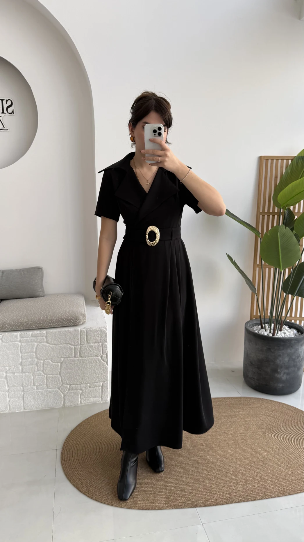 Tienne Kruvaze Yaka Toka Kemerli Elbise - Siyah - Kod: 2332