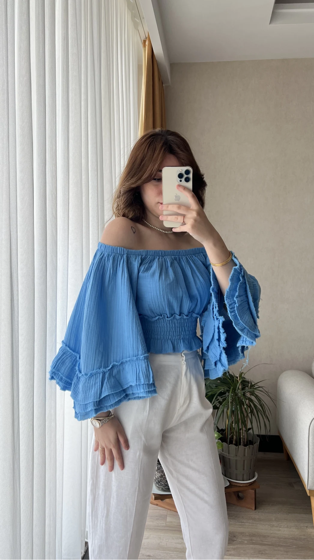 To Lowe Mavi Püsküllü Özel Tasarım Bluz