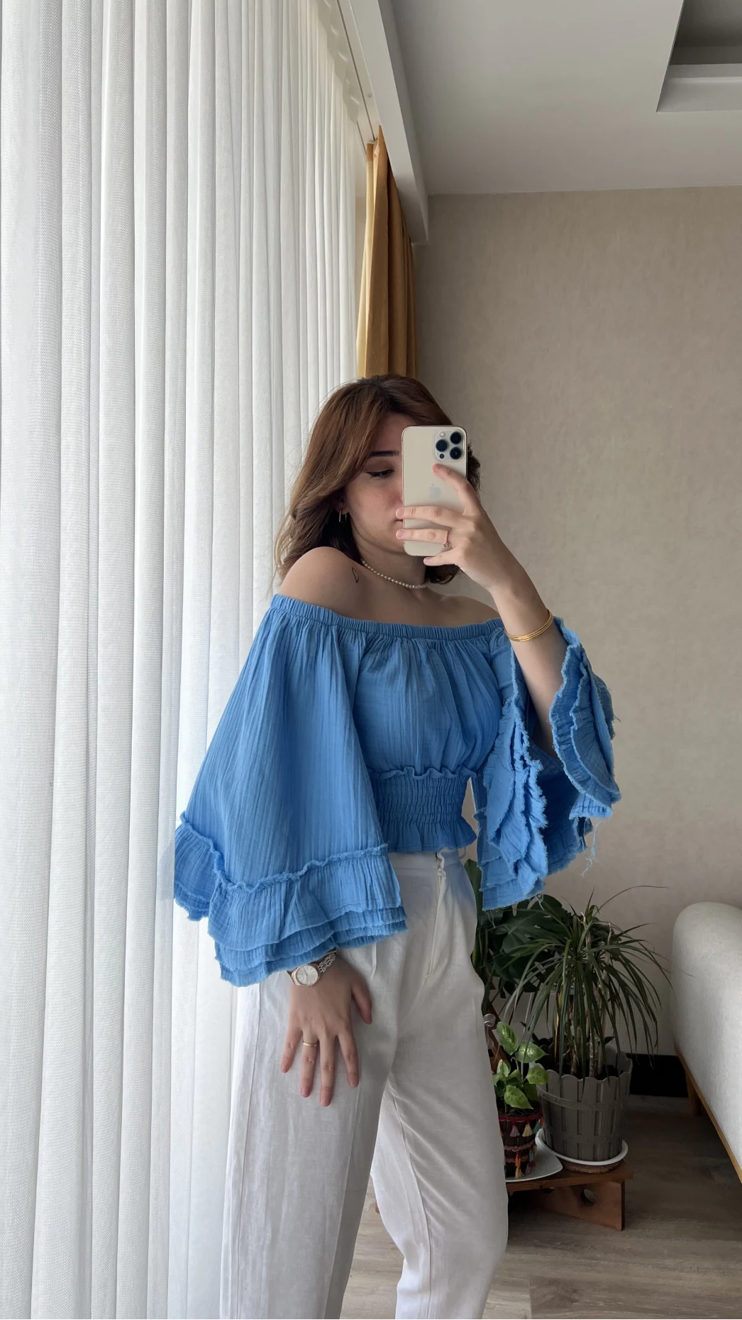 To Lowe Mavi Püsküllü Özel Tasarım Bluz