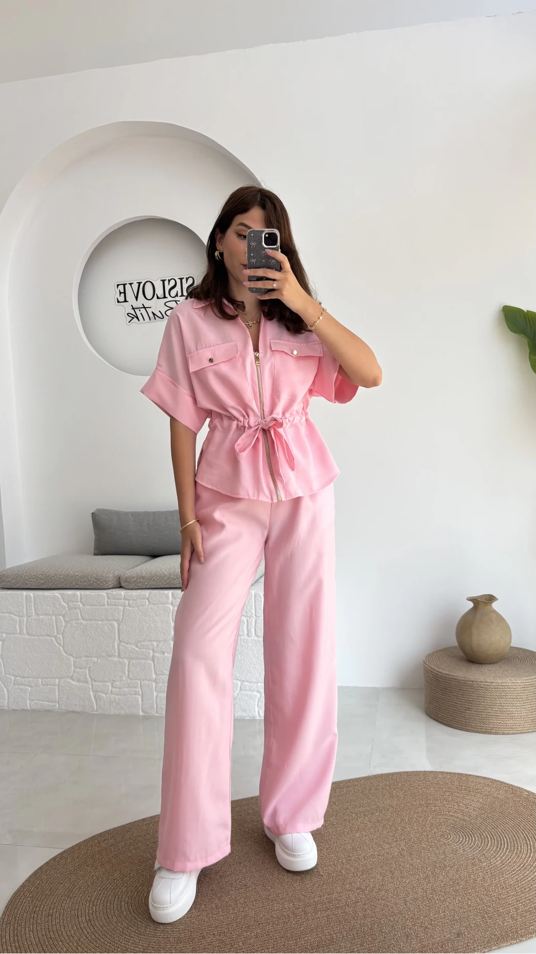 Tokyo Fermuarlı Gömlek Pantolon Takım - Pembe