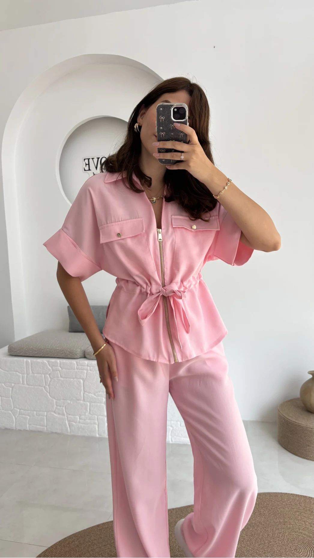 Tokyo Fermuarlı Gömlek Pantolon Takım - Pembe