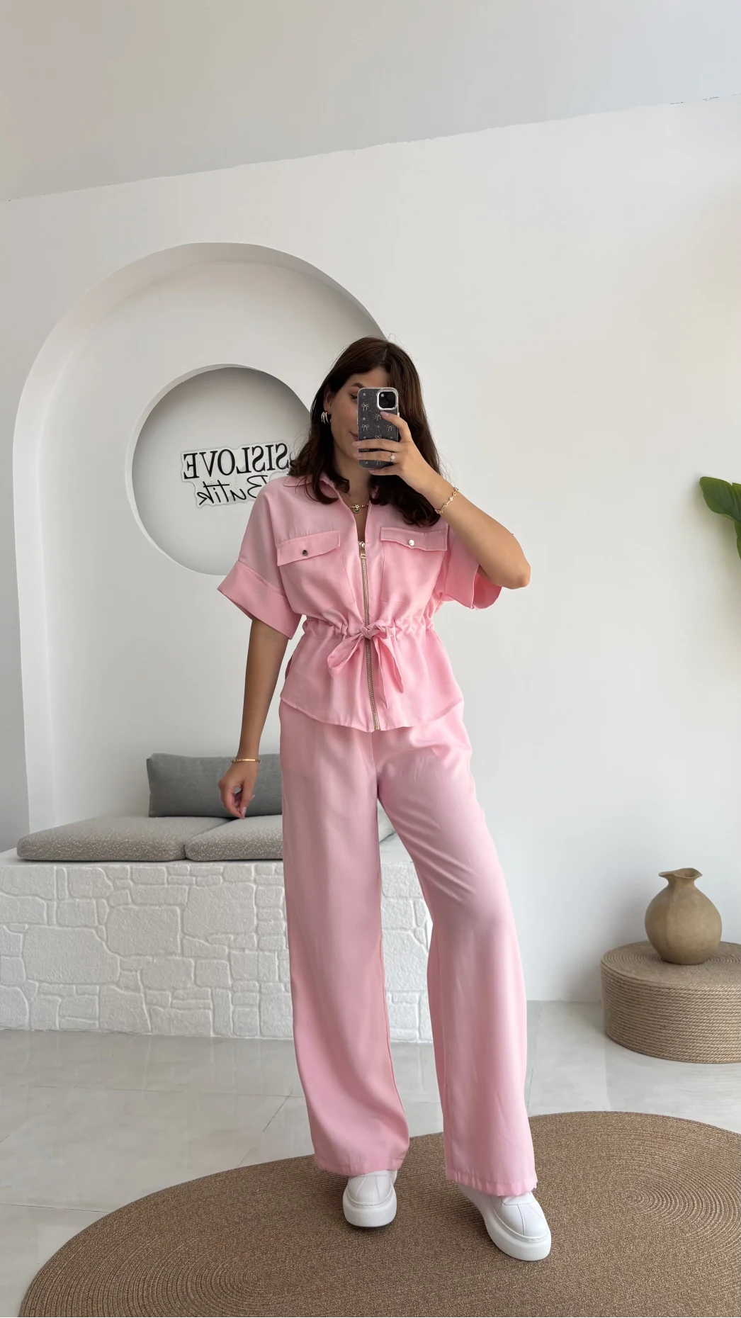 Tokyo Fermuarlı Gömlek Pantolon Takım - Pembe
