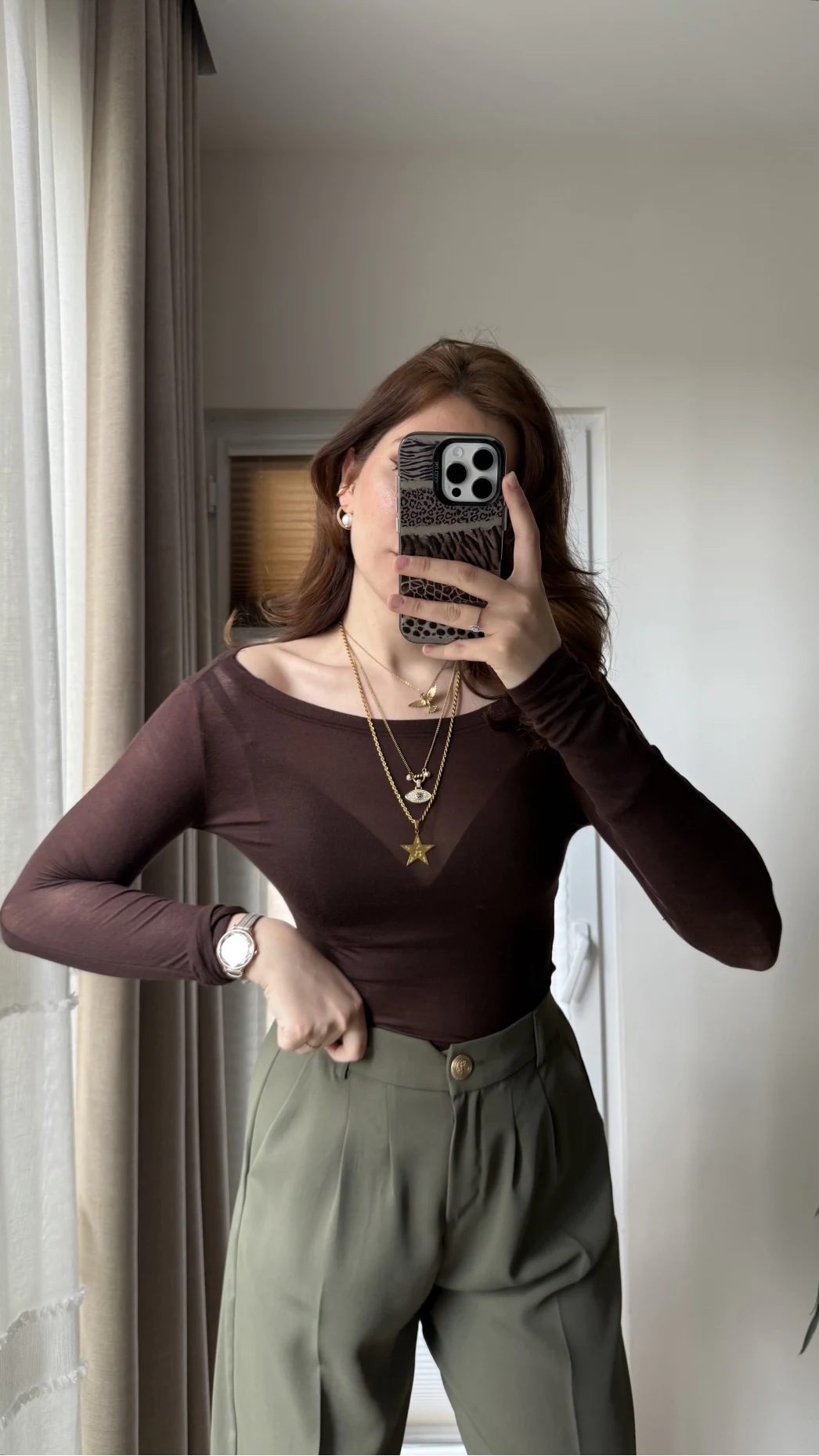 Transparan Acı Kahve Kayık Yaka Bluz