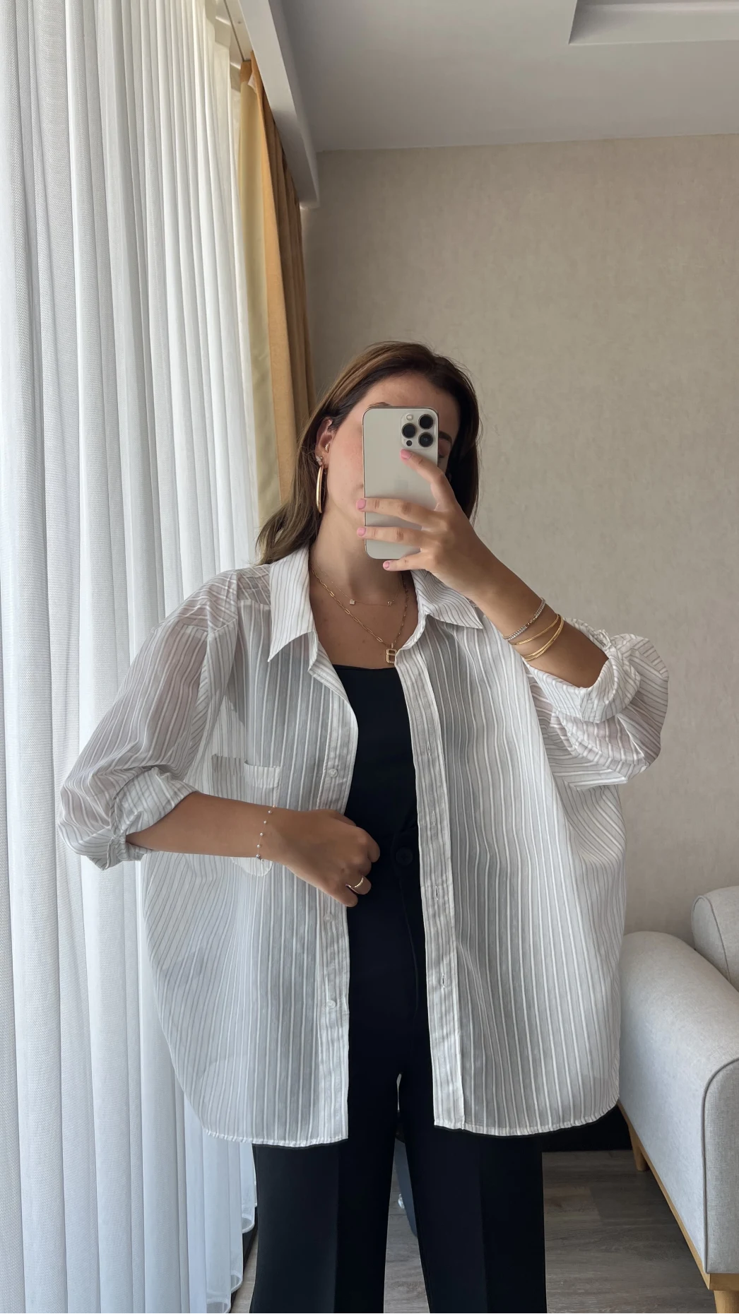Transparan Çizgili Gri Gömlek