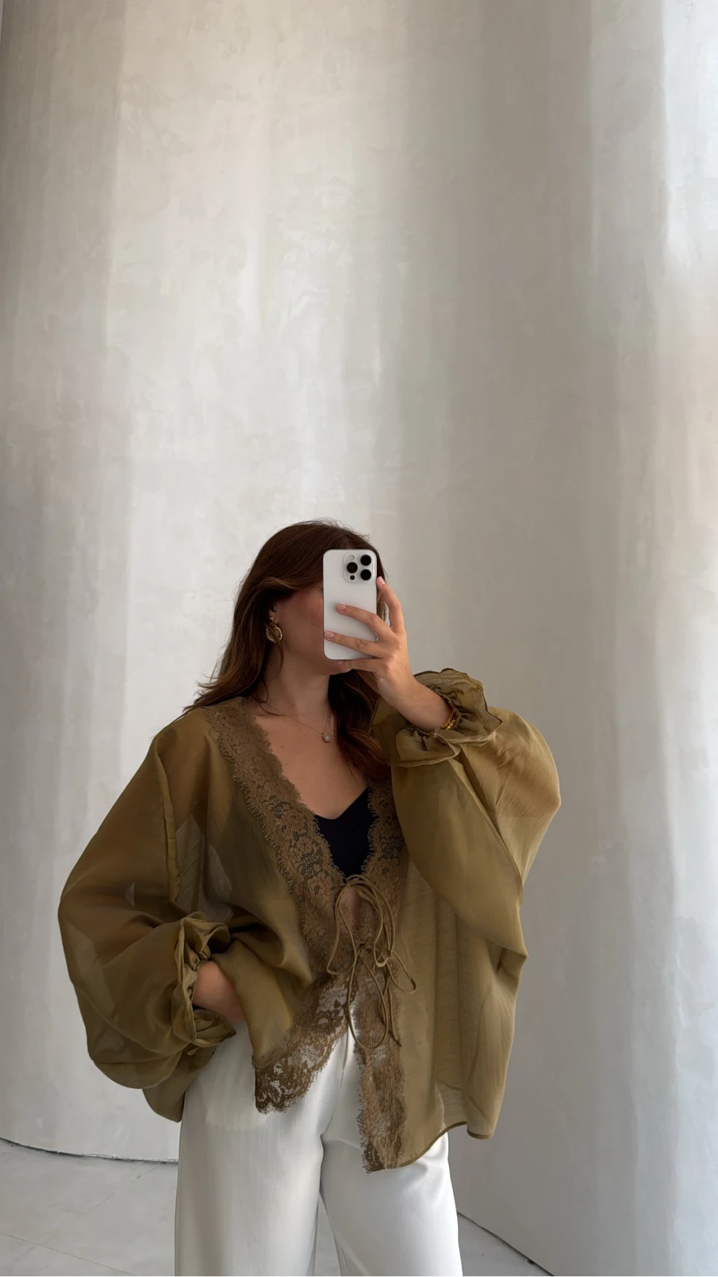 Transparan Dantelli Gömlek - Olive - Kod: 5108