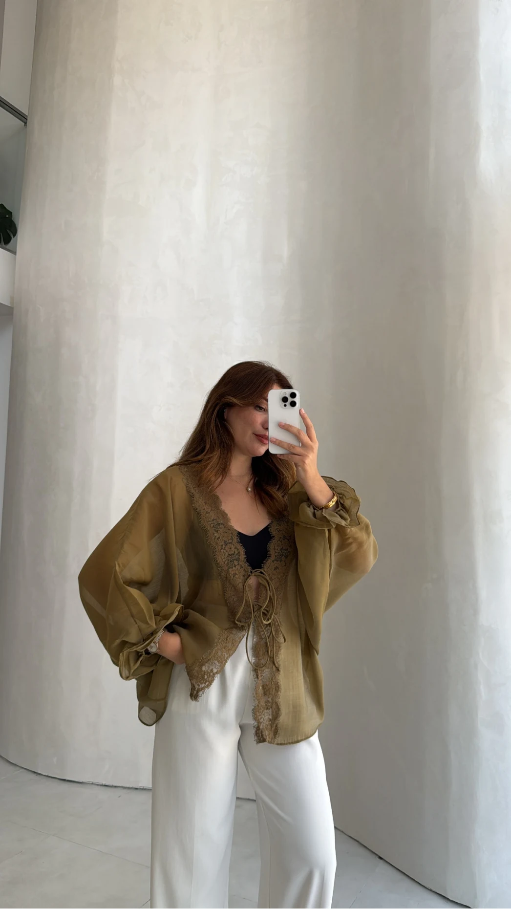 Transparan Dantelli Gömlek - Olive - Kod: 5108
