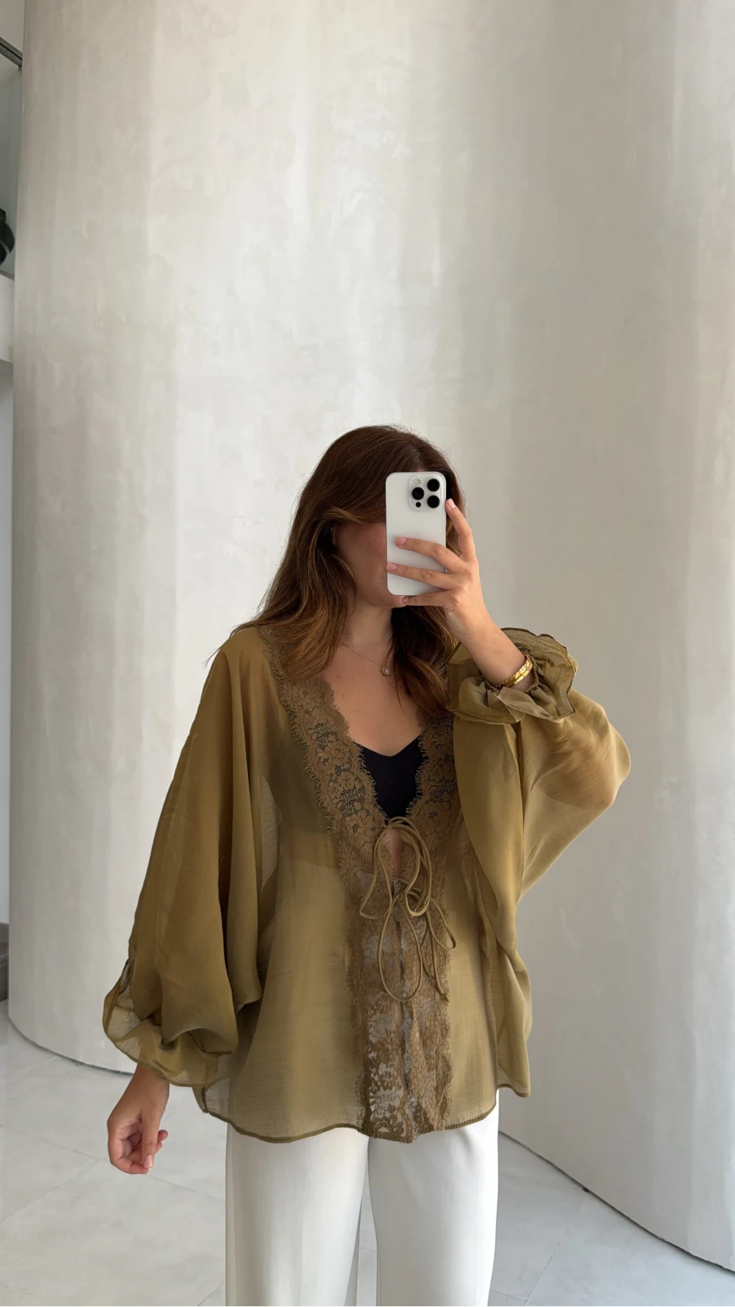 Transparan Dantelli Gömlek - Olive - Kod: 5108