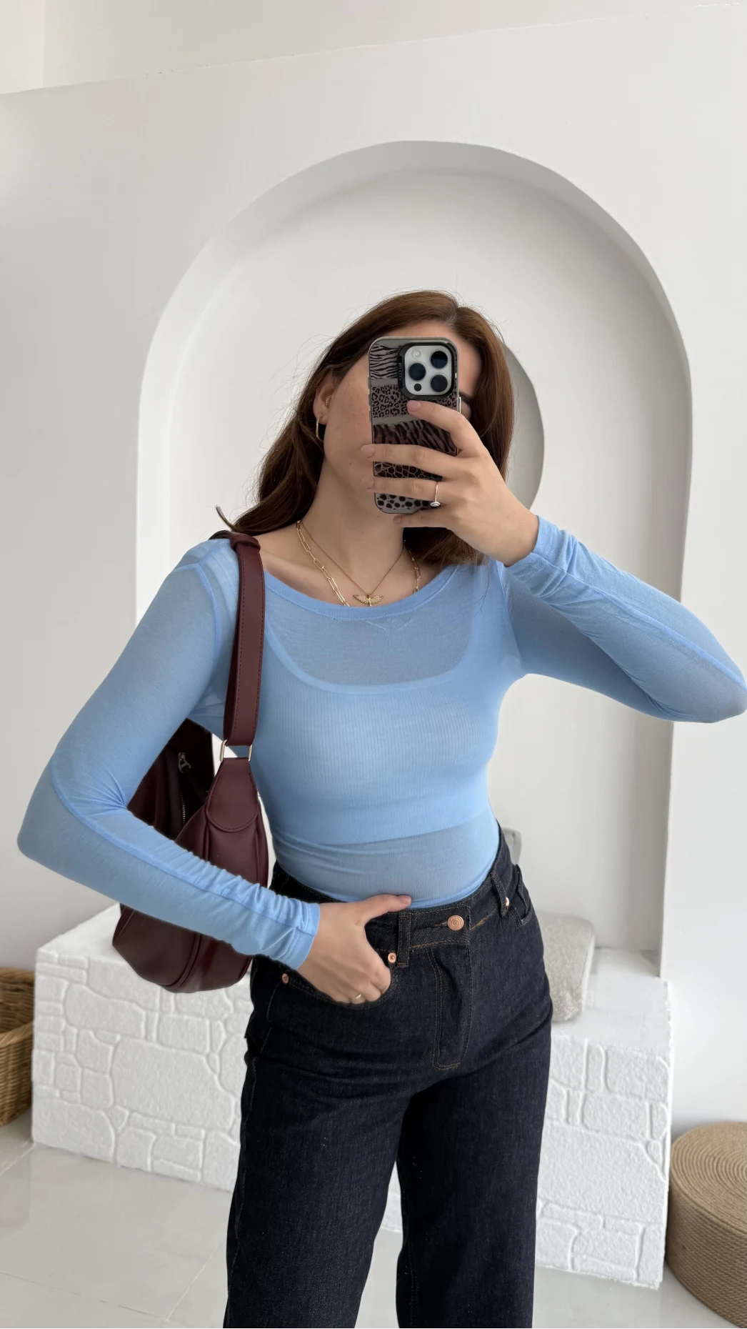 Transparan Mavi Kayık Yaka Bluz