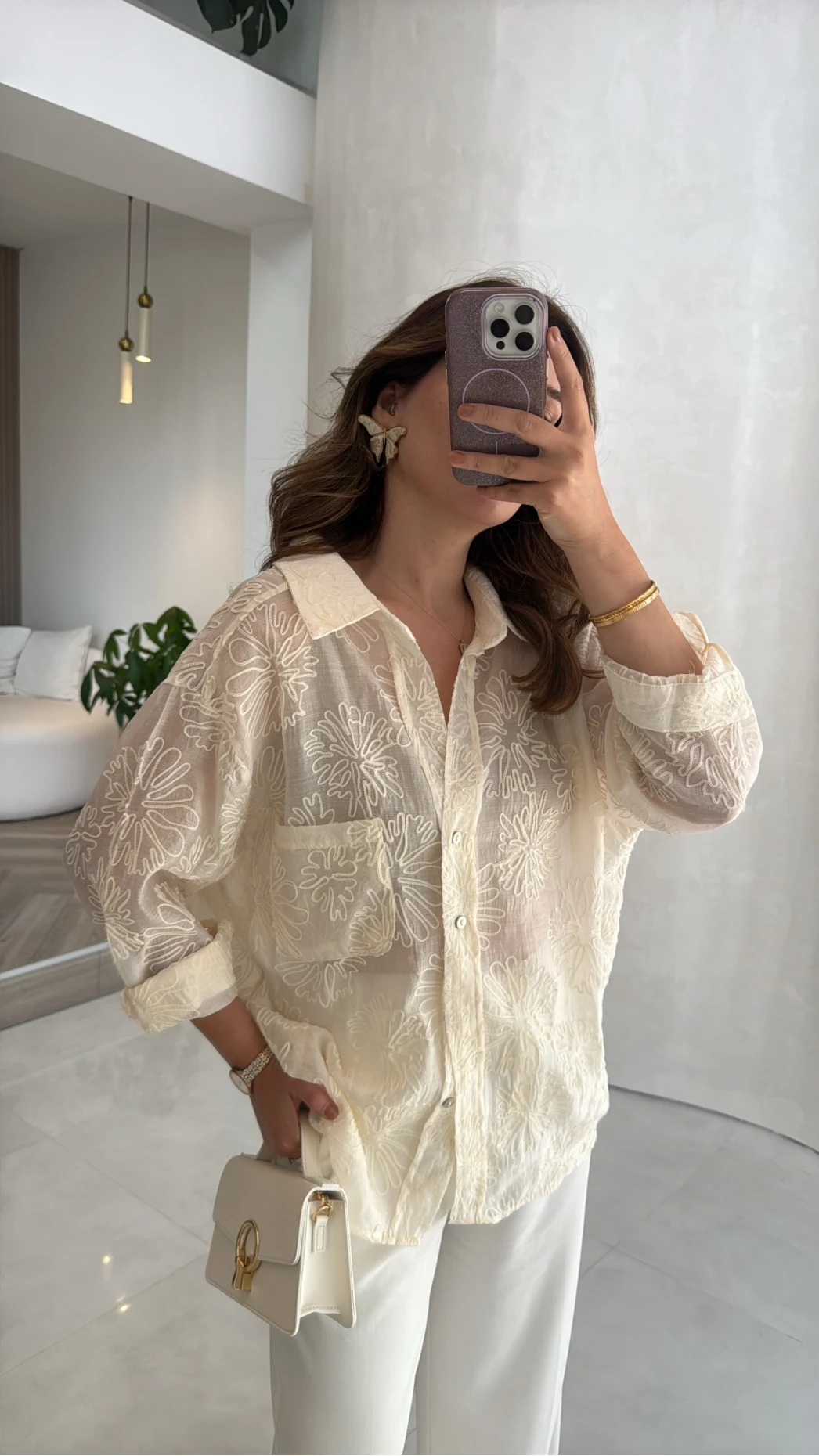 Transparan Nakışlı Gömlek - Bej - Kod: 5093