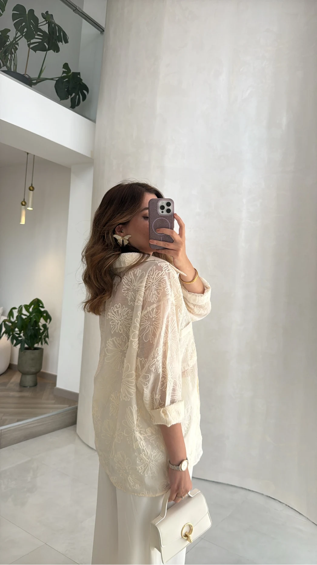 Transparan Nakışlı Gömlek - Bej - Kod: 5093