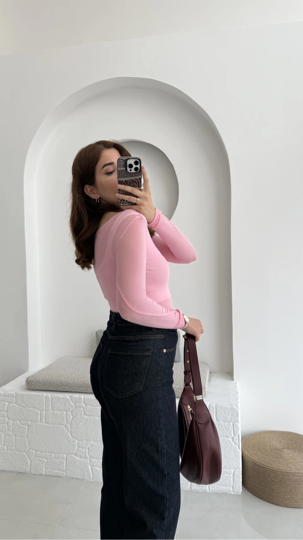 Transparan Pembe Kayık Yaka Bluz