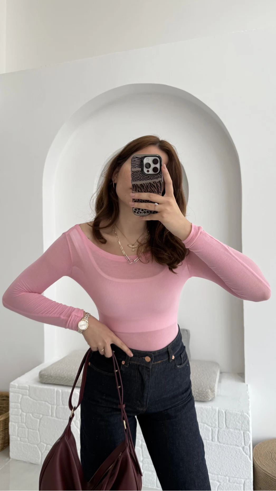 Transparan Pembe Kayık Yaka Bluz