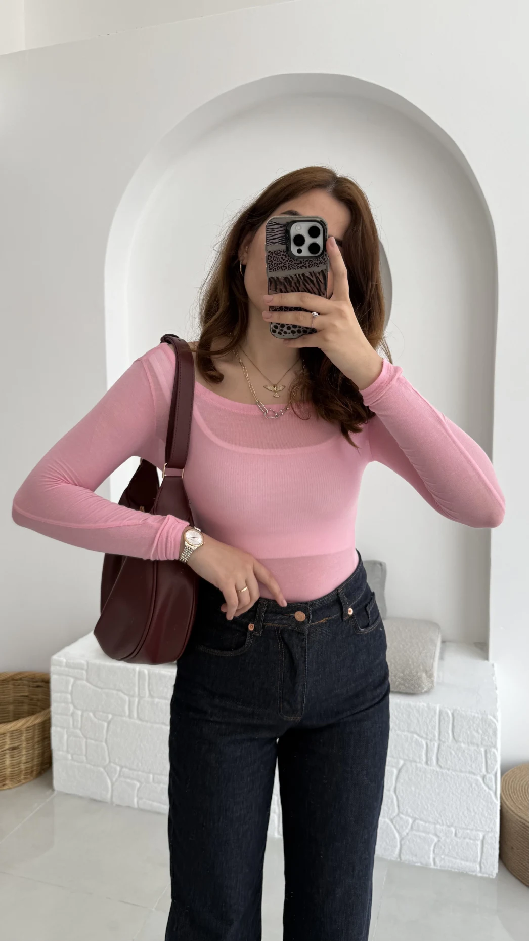 Transparan Pembe Kayık Yaka Bluz