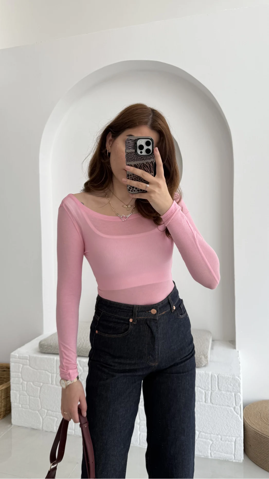 Transparan Pembe Kayık Yaka Bluz