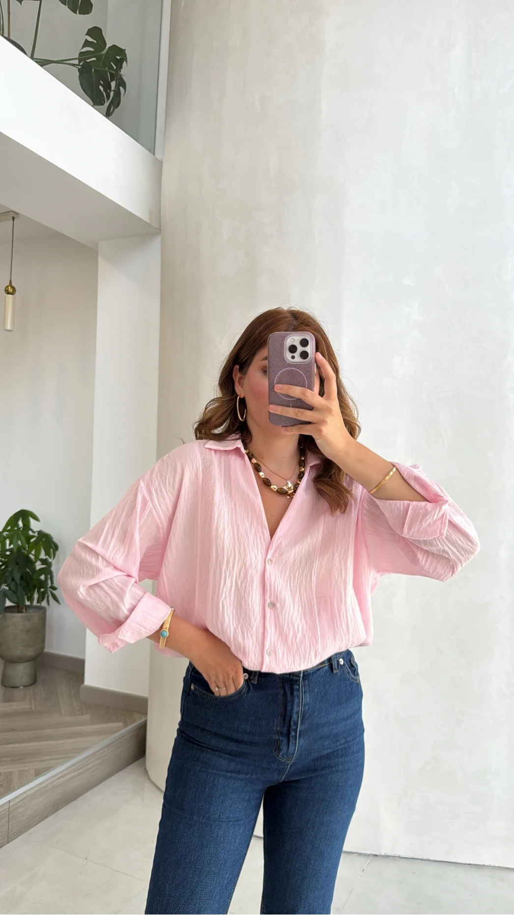 Transparan V Yaka Gömlek - Pembe - Kod: 4914