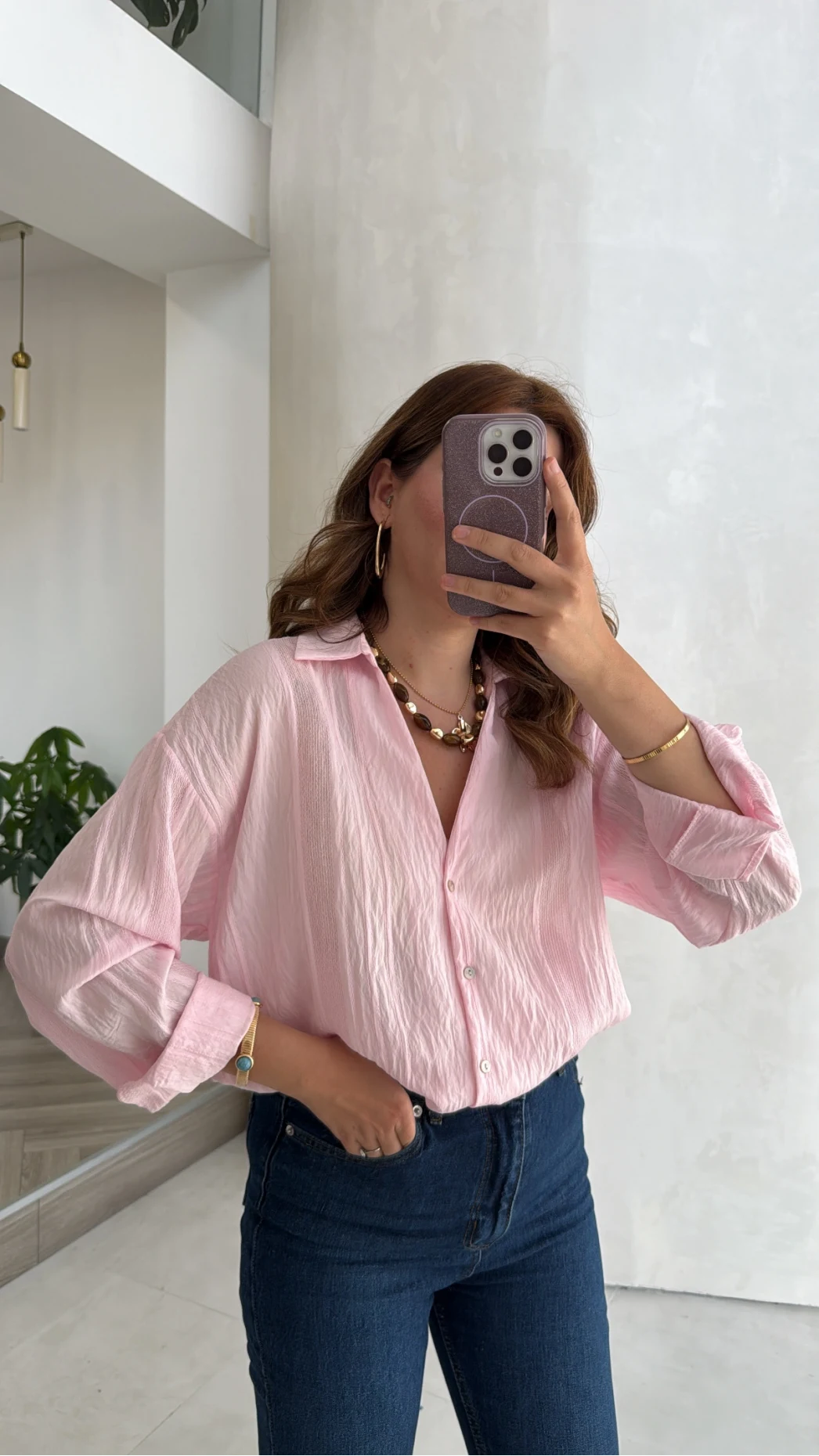 Transparan V Yaka Gömlek - Pembe - Kod: 4914