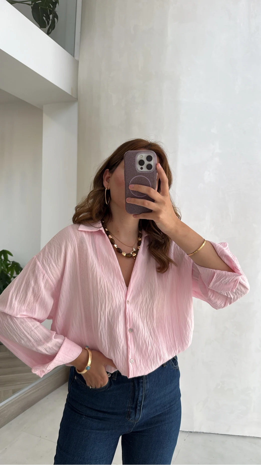 Transparan V Yaka Gömlek - Pembe - Kod: 4914