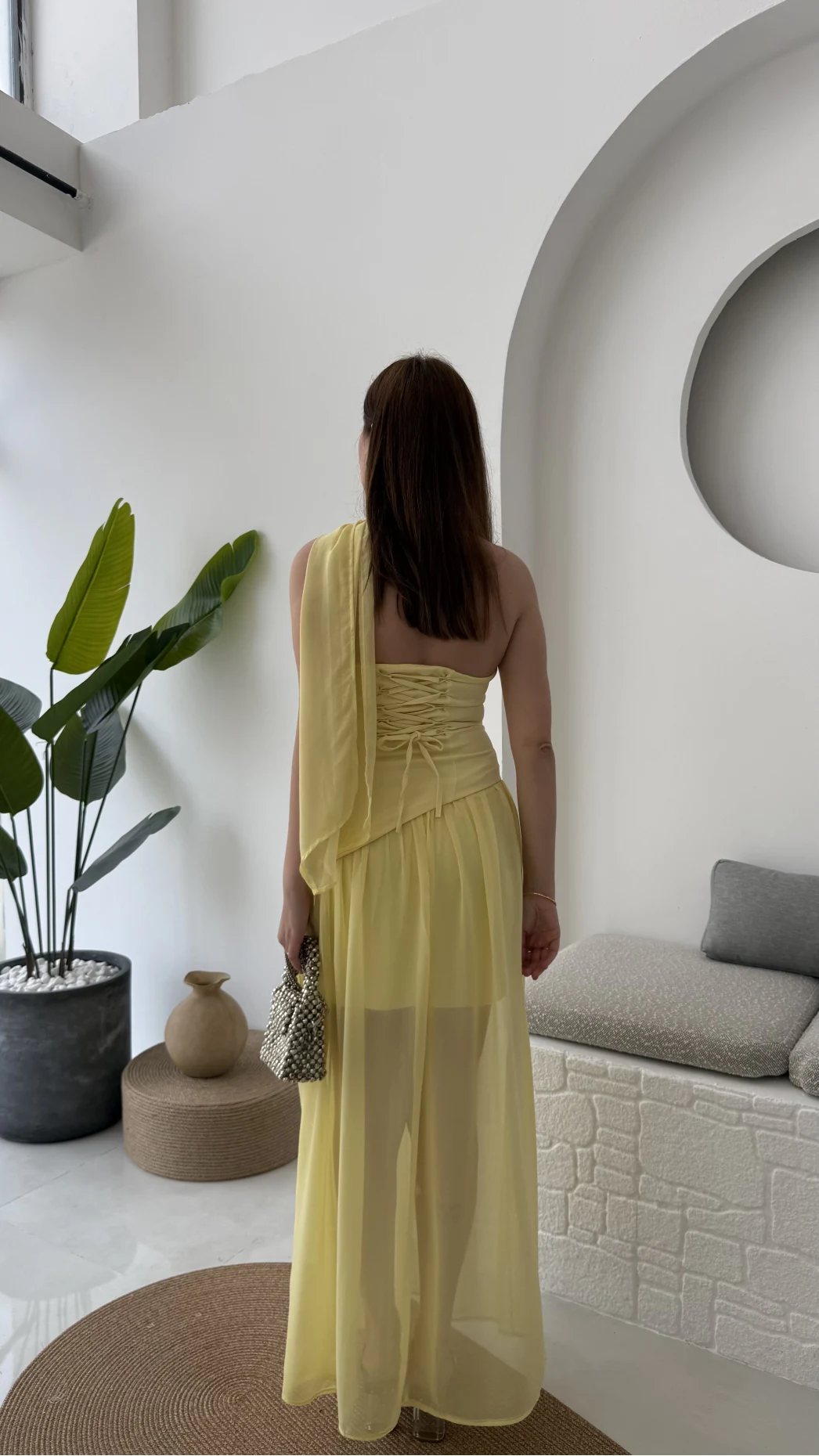 Tül Straplez Sarı Elbise