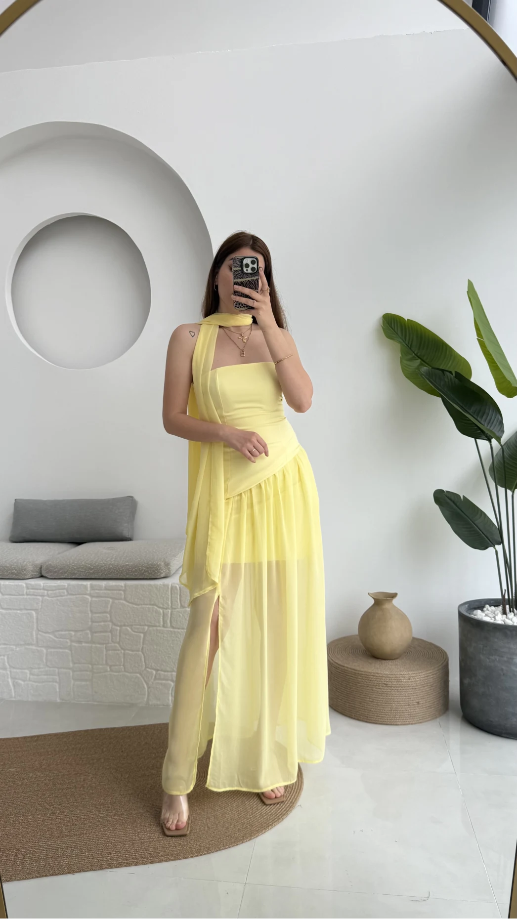 Tül Straplez Sarı Elbise