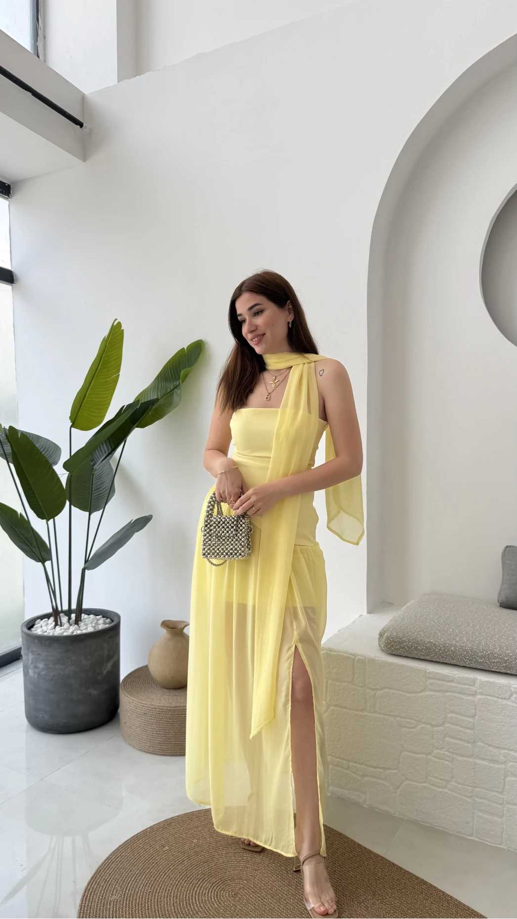 Tül Straplez Sarı Elbise
