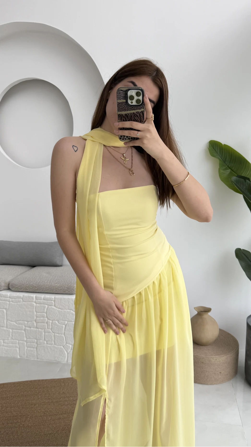 Tül Straplez Sarı Elbise