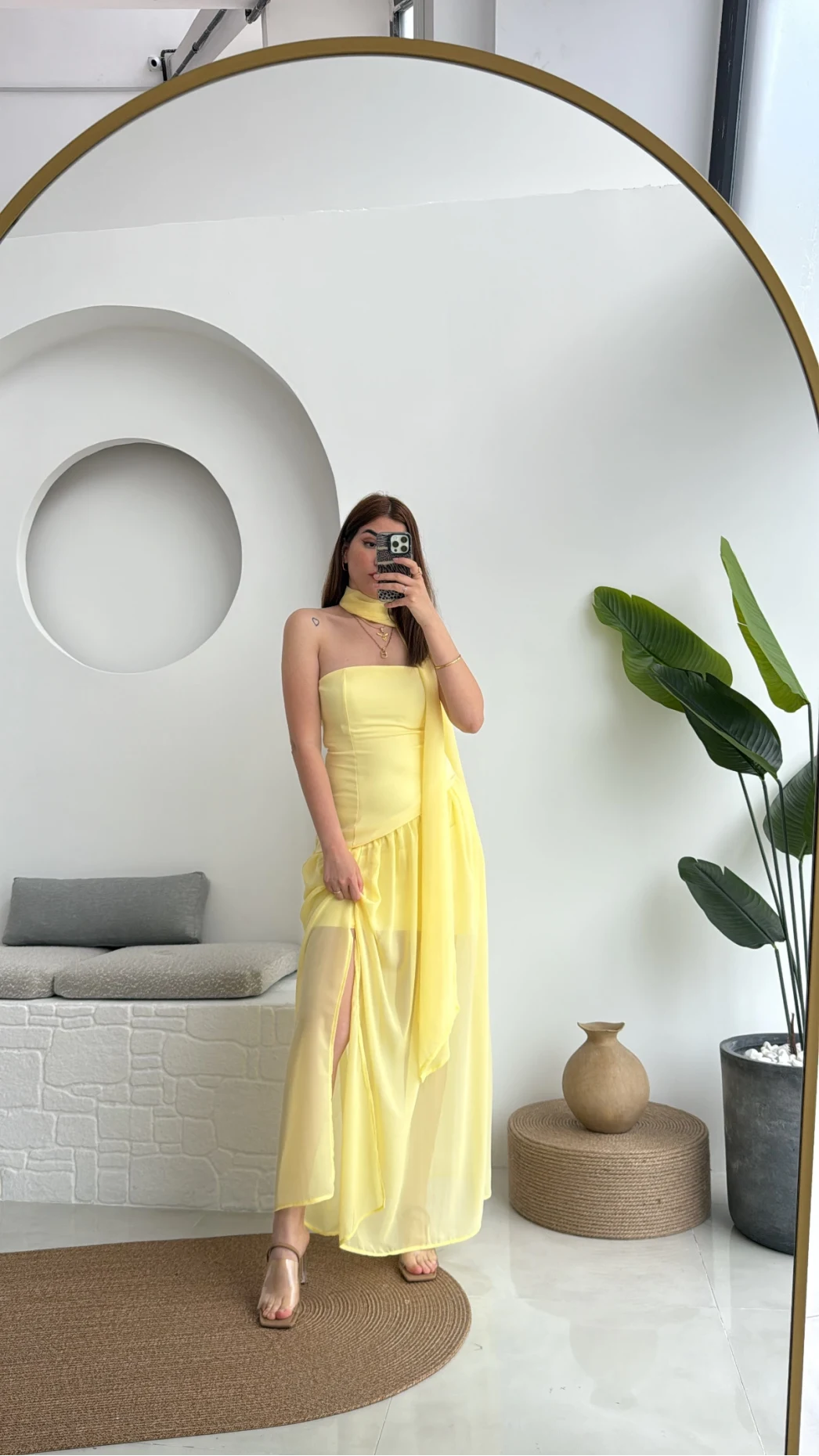 Tül Straplez Sarı Elbise