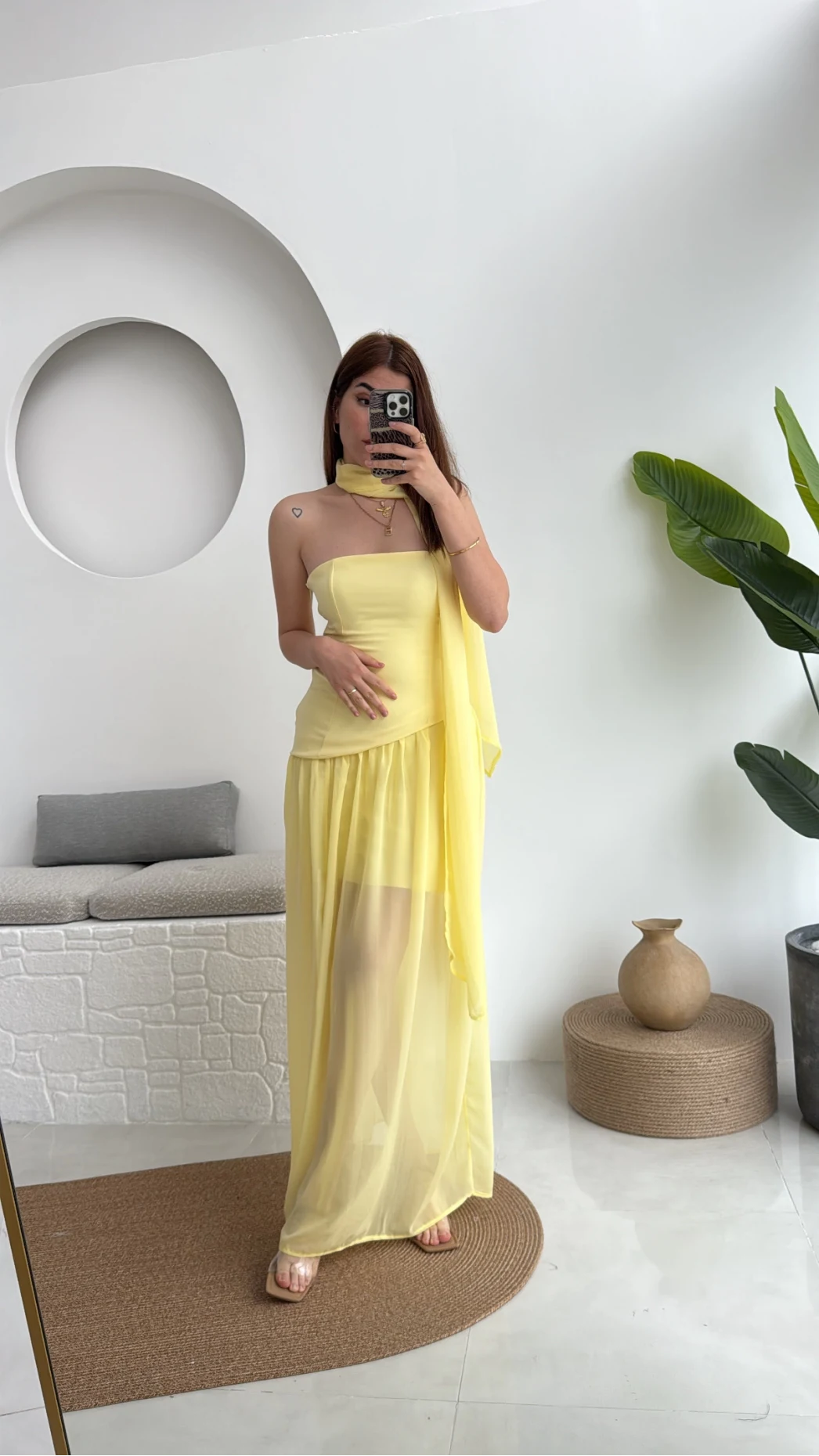 Tül Straplez Sarı Elbise