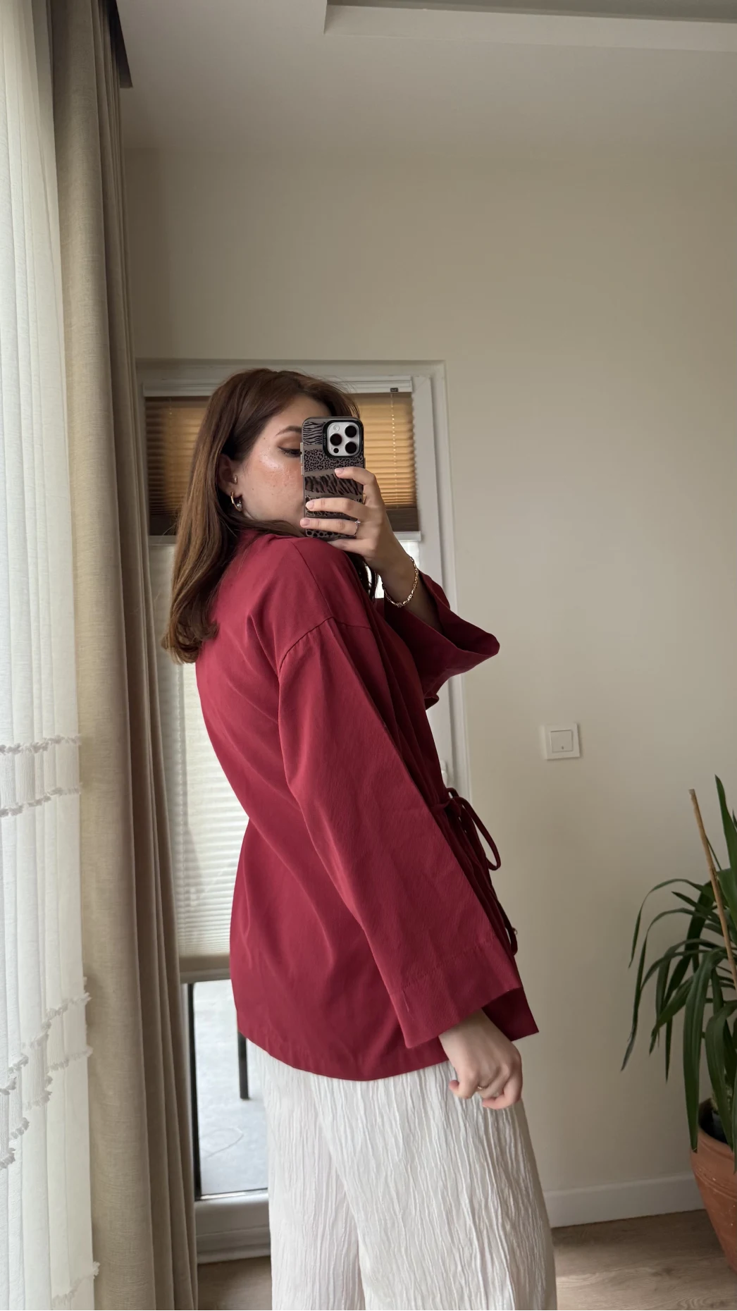 Tuus Keten Kimono Yandan Bağlamalı Bordo