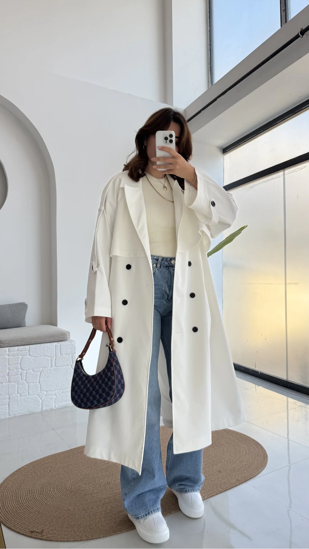 Ultra Premium Kuşaklı Trençkot - Beyaz - Kod: 9476