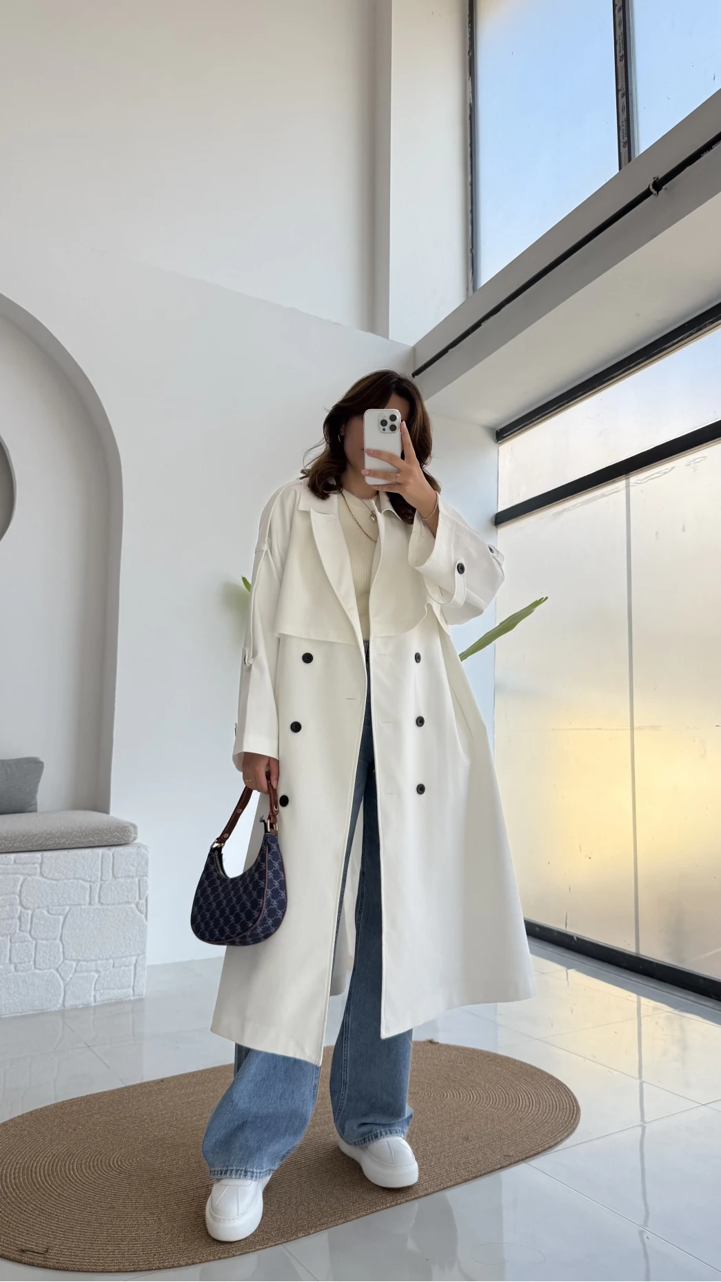 Ultra Premium Kuşaklı Trençkot - Beyaz - Kod: 9476