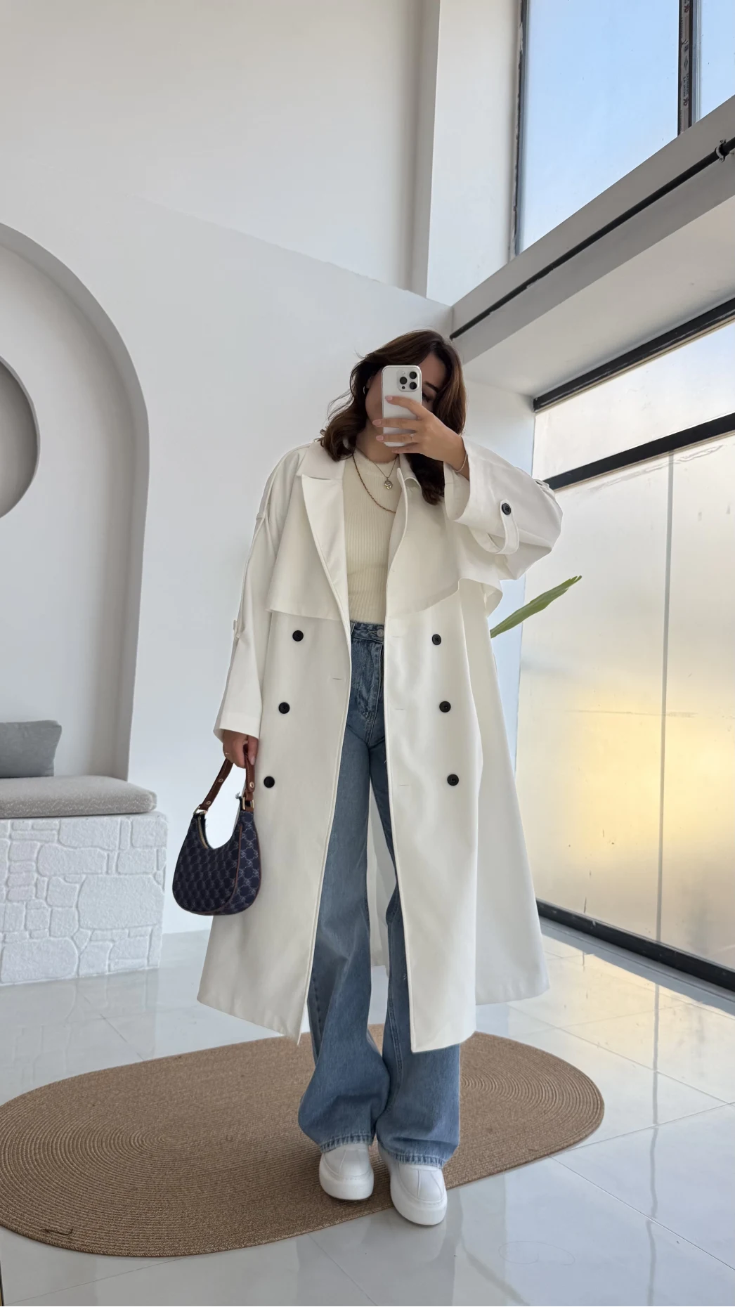 Ultra Premium Kuşaklı Trençkot - Beyaz - Kod: 9476