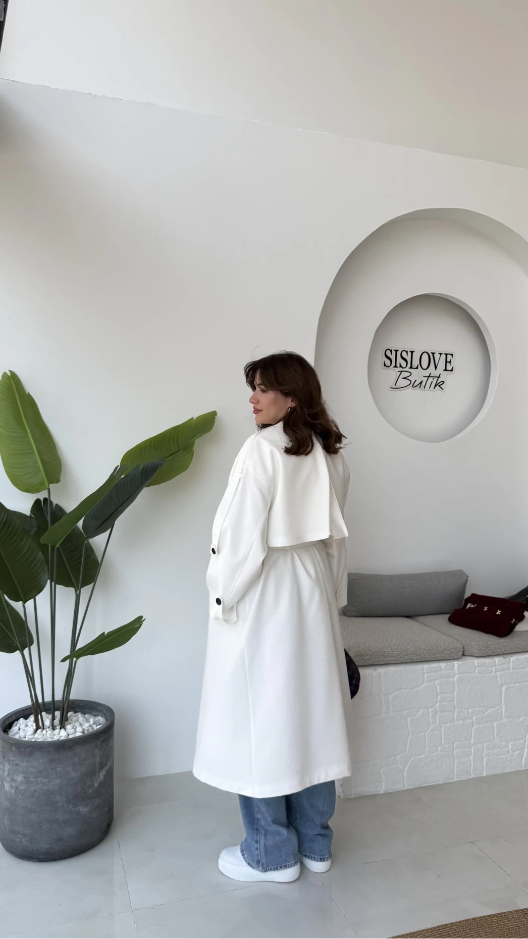 Ultra Premium Kuşaklı Trençkot - Beyaz - Kod: 9476