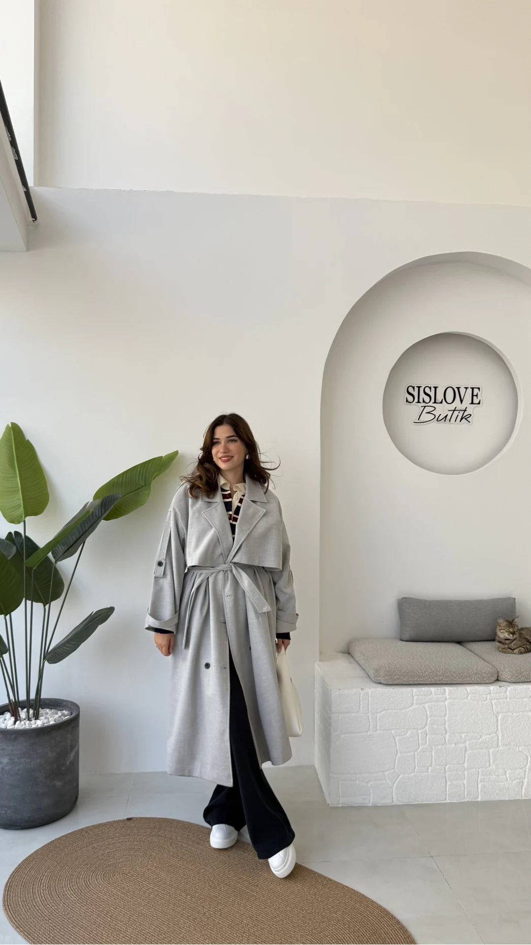 Ultra Premium Kuşaklı Trençkot - Gri - Kod: 9476