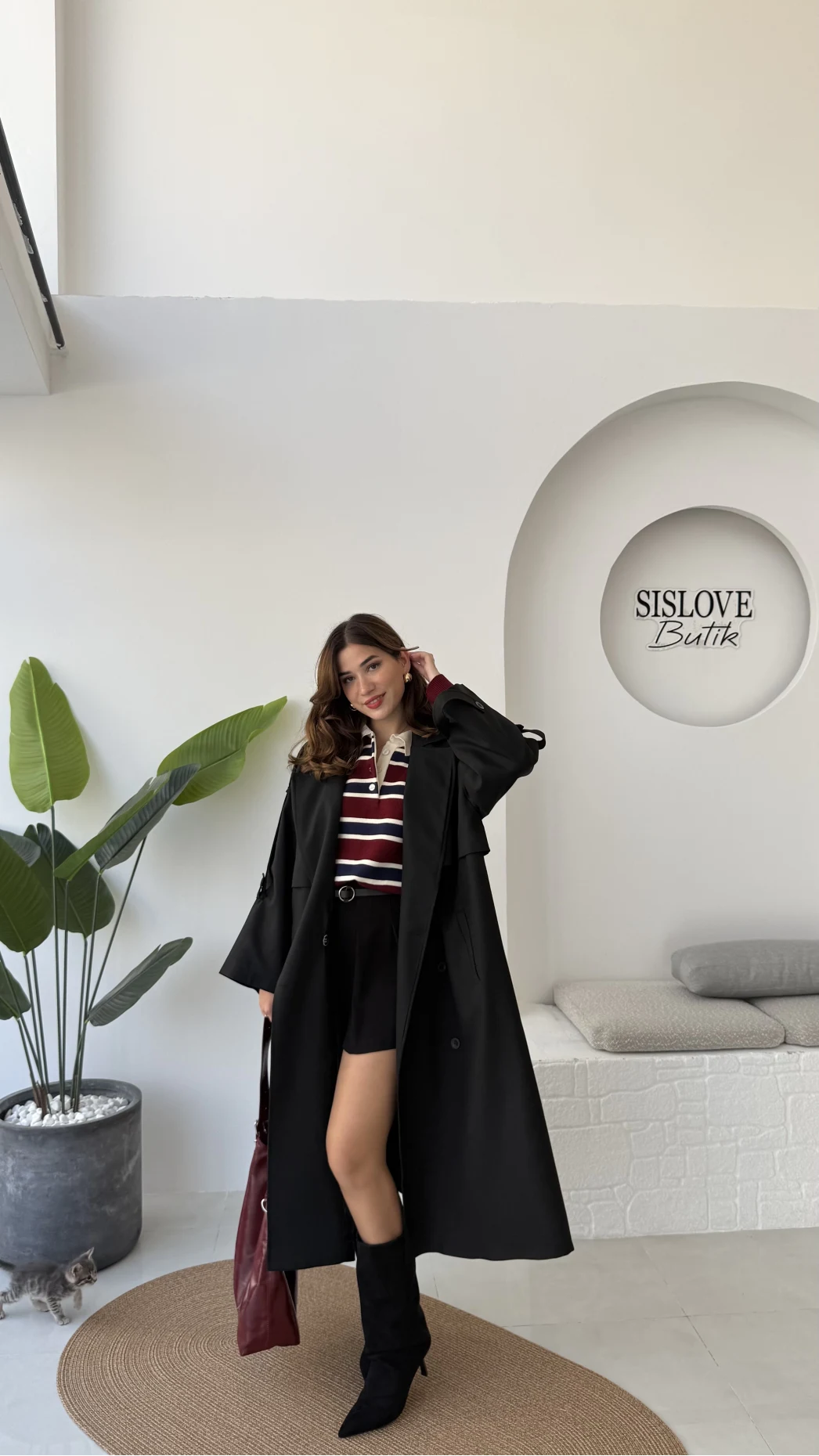 Ultra Premium Kuşaklı Trençkot - Siyah - Kod: 9476