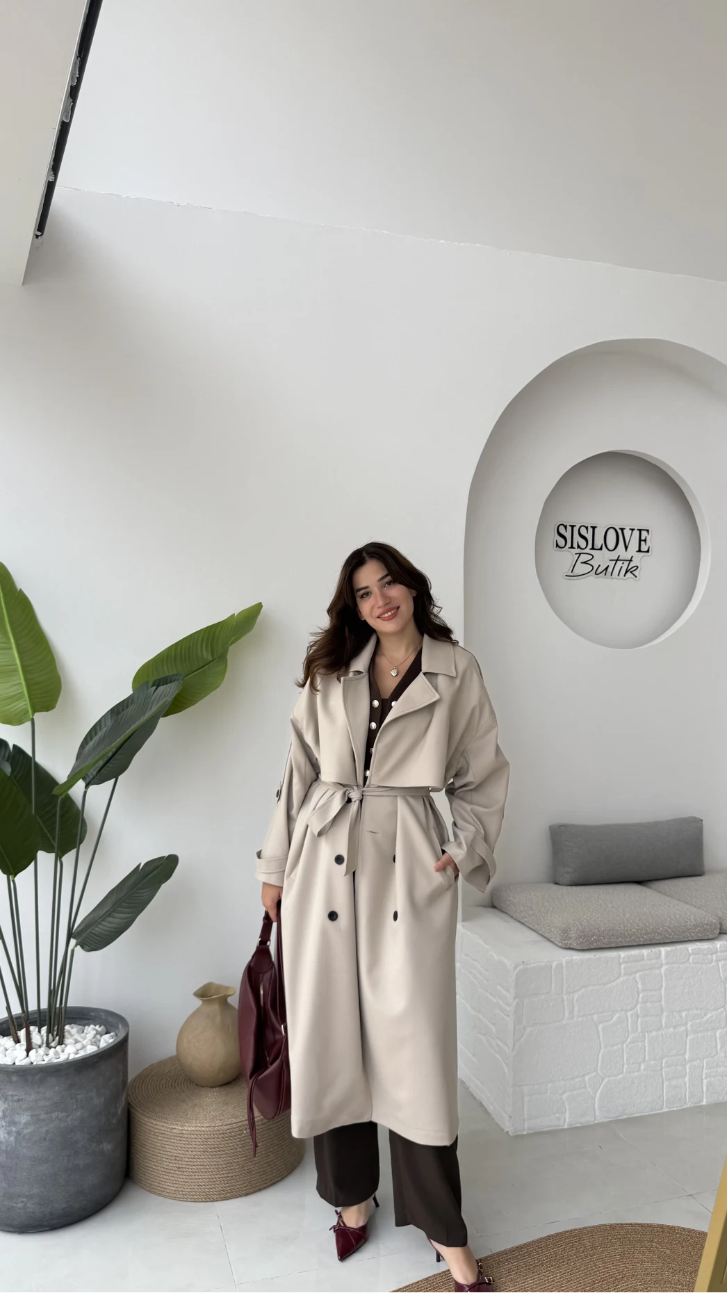 Ultra Premium Kuşaklı Trençkot - Taş - Kod: 9476