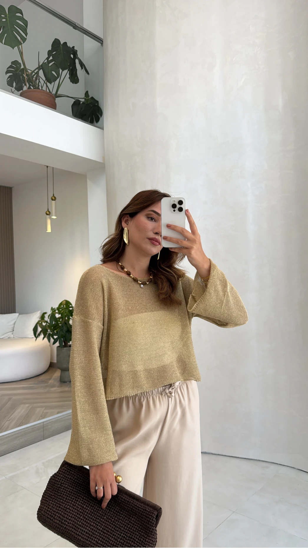 Uzun Kol Simli Crop Bluz - Gold - Kod: 2807