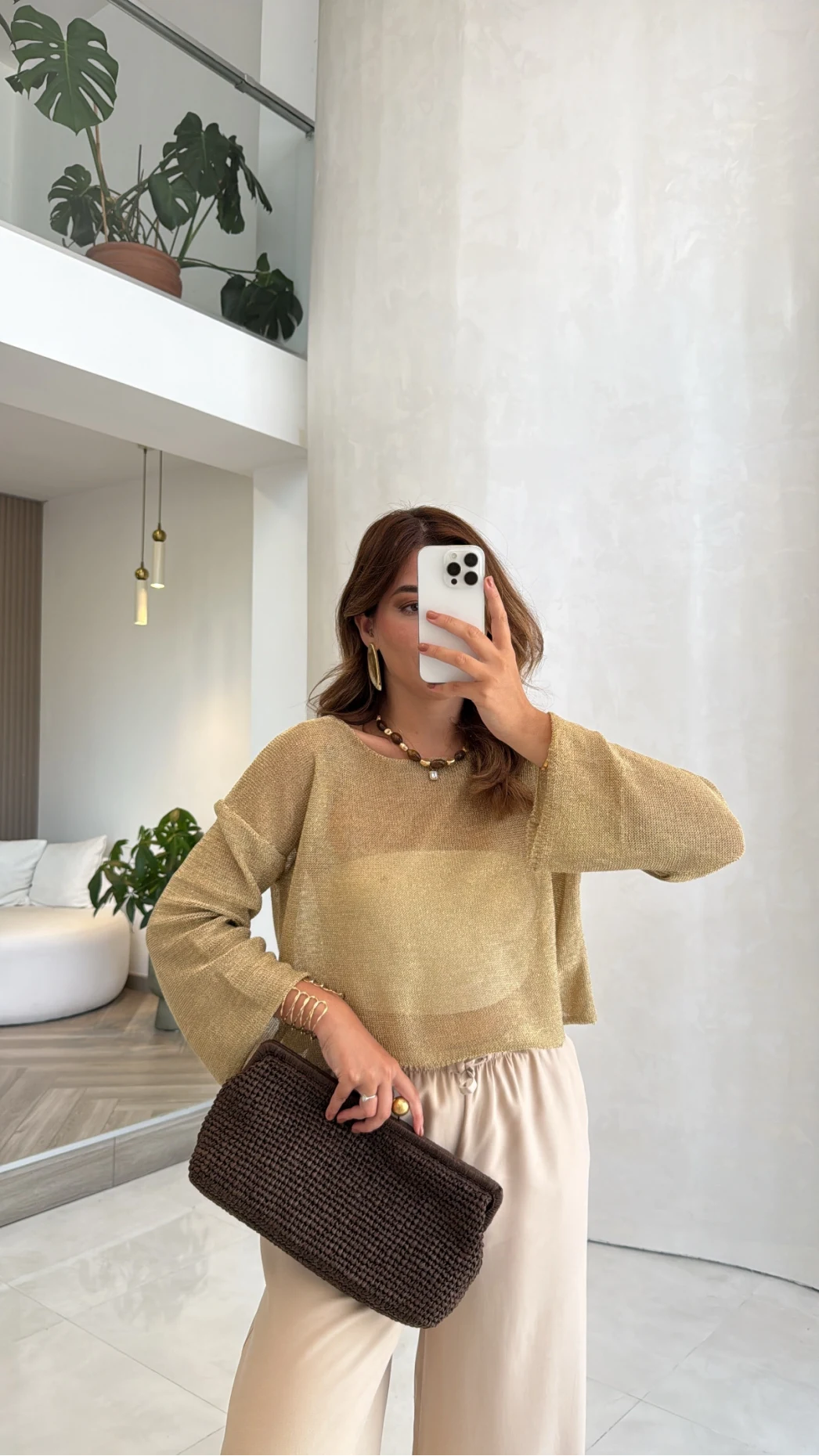 Uzun Kol Simli Crop Bluz - Gold - Kod: 2807